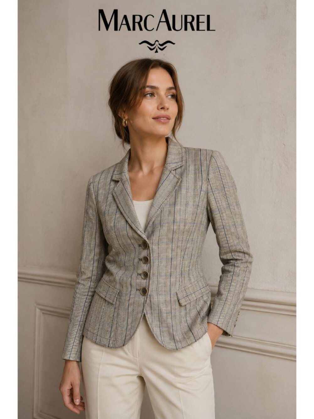 Marc Aurel Women’s Plaid Linen Cotton Blazer US 4 EU 34 Quiet Luxury